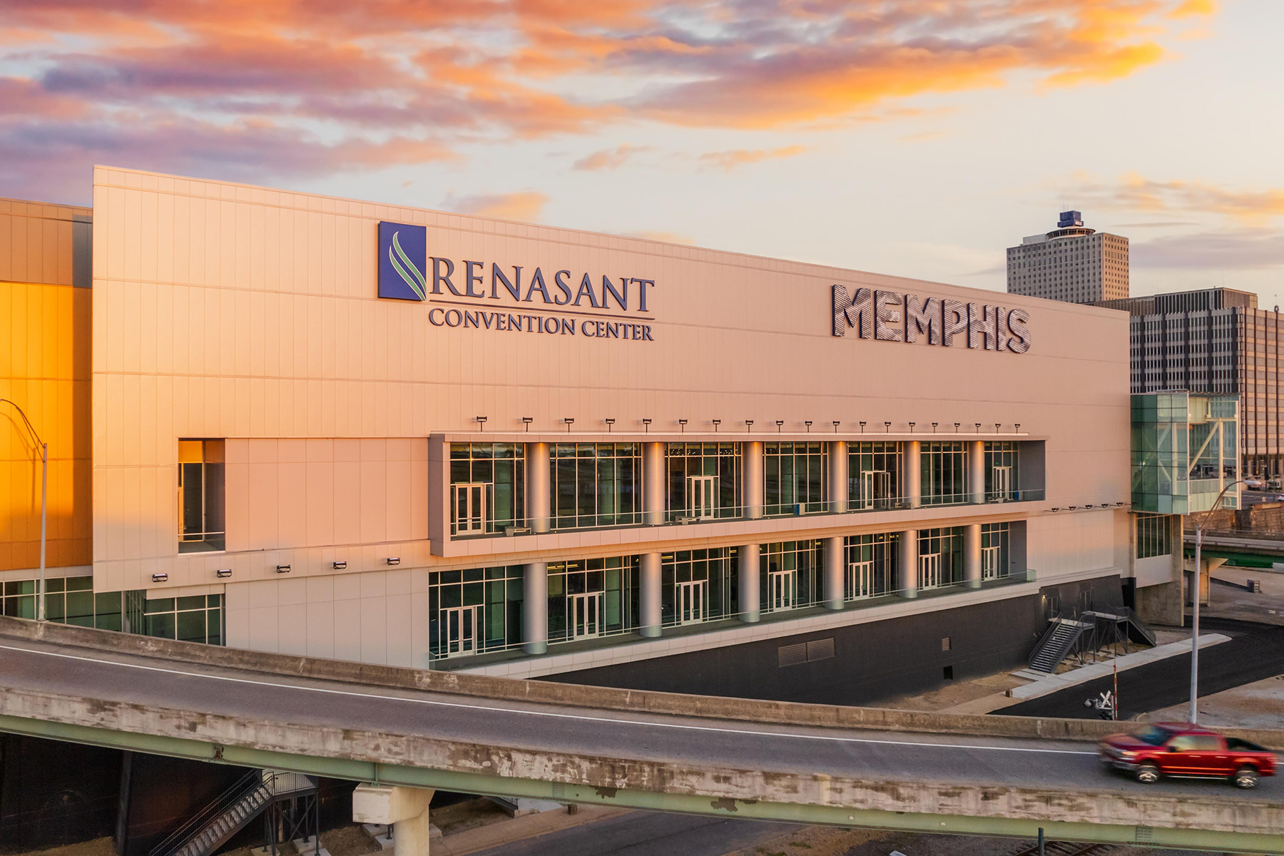 Exterior of Memphis' Renasant Convention Center at sunset